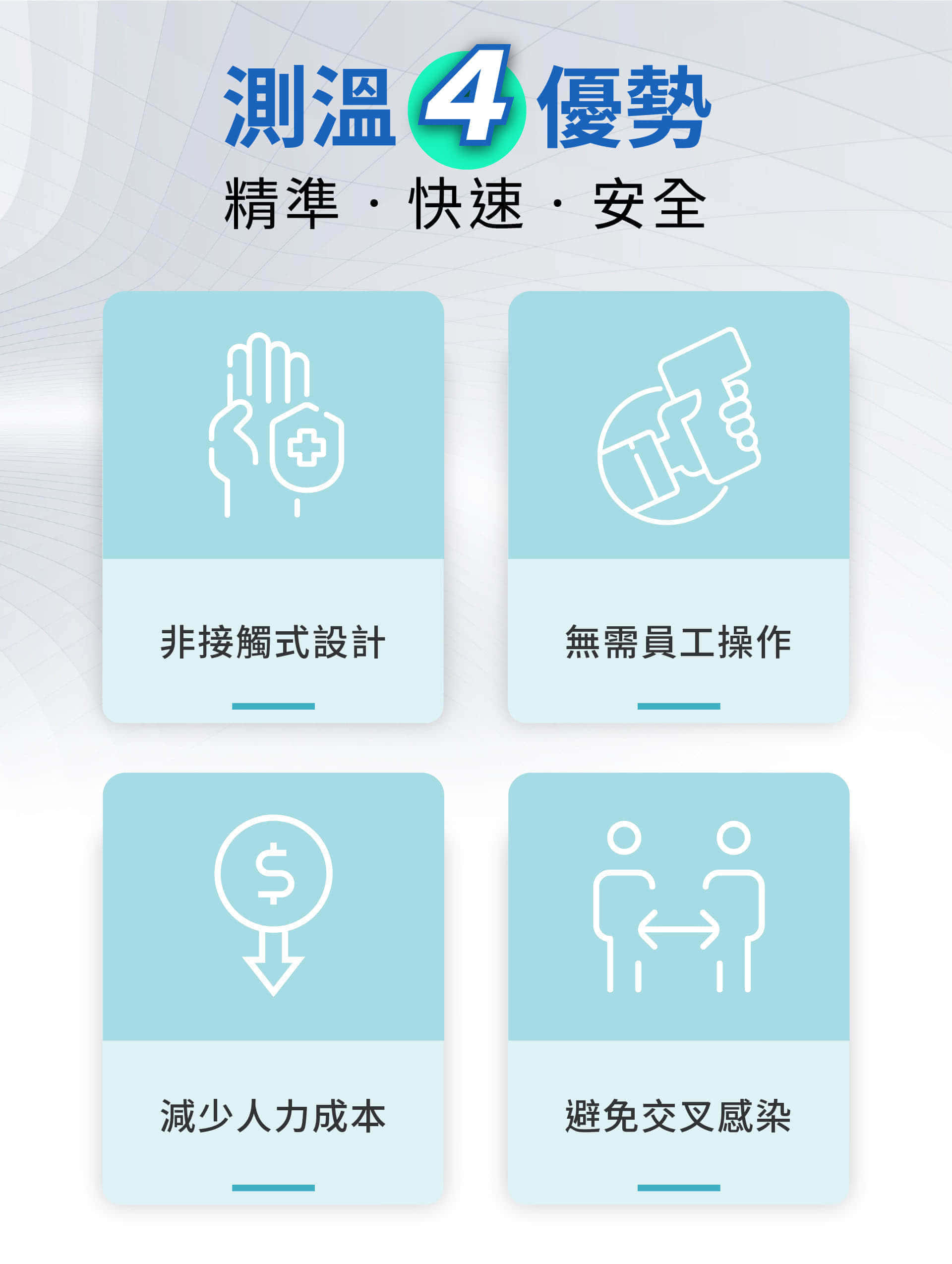 非接觸式設計，無需員工手持操作，降低人力成本，避免近距離交叉感染。